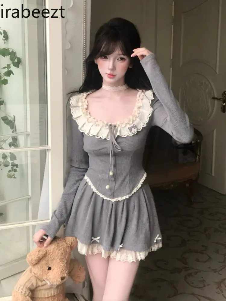 Conjunto Femenino Roupa Elegante 2024 New Sweet Princess Daughter Style Lace Knitted Bottoming Top Short Skirt Two-piece Set