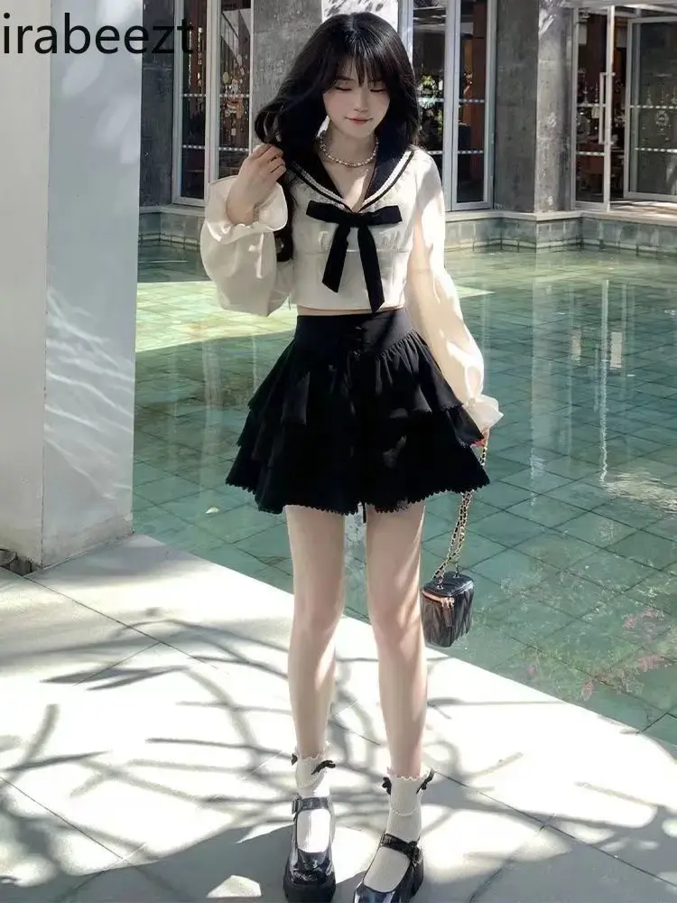 College All-matching Twill Cake Shaped Skirt + Navy Collar Blouse Two Sets of New 2024 Casual Jupe Femme Chic Et Élégant