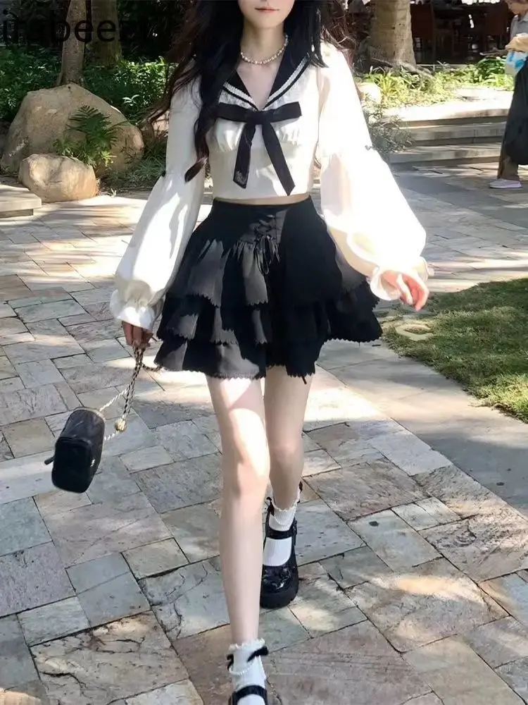 College All-matching Twill Cake Shaped Skirt + Navy Collar Blouse Two Sets of New 2024 Casual Jupe Femme Chic Et Élégant