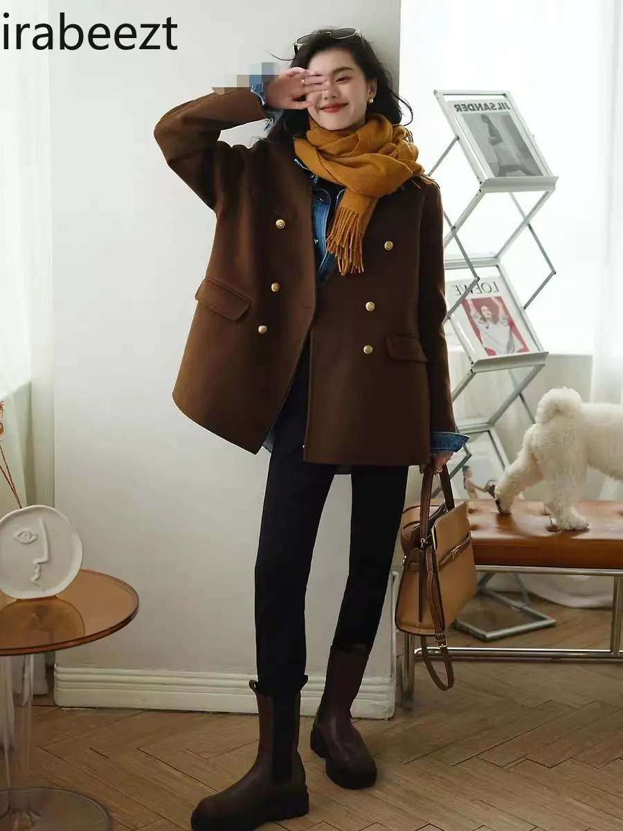 Autumn and Winter Coffee Color Elegant Jacket To Show Thin French Temperament V-neck with Casual Wool Coat Women