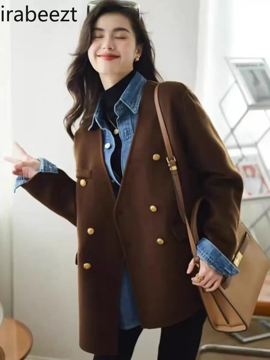 Autumn and Winter Coffee Color Elegant Jacket To Show Thin French Temperament V-neck with Casual Wool Coat Women