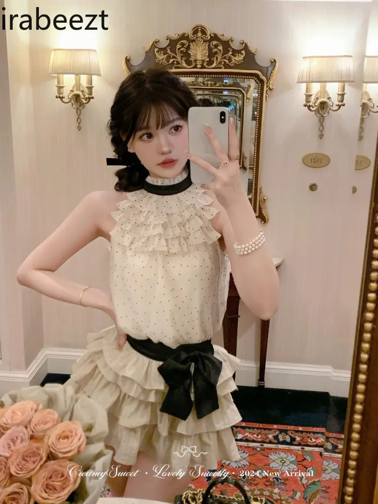 Sweet Polka Dot Chiffon Sleeveless Top and Women's Bow Cake Shaped Skirt Set Summer Casual Suits for Women with Skirt