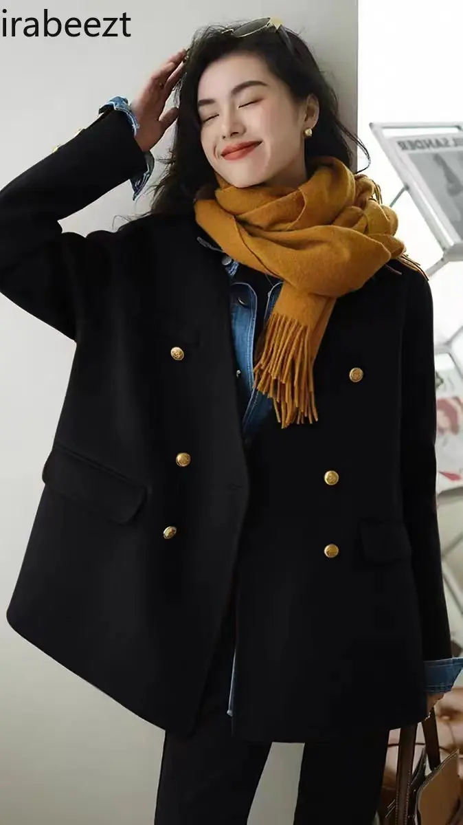 Autumn and Winter Coffee Color Elegant Jacket To Show Thin French Temperament V-neck with Casual Wool Coat Women