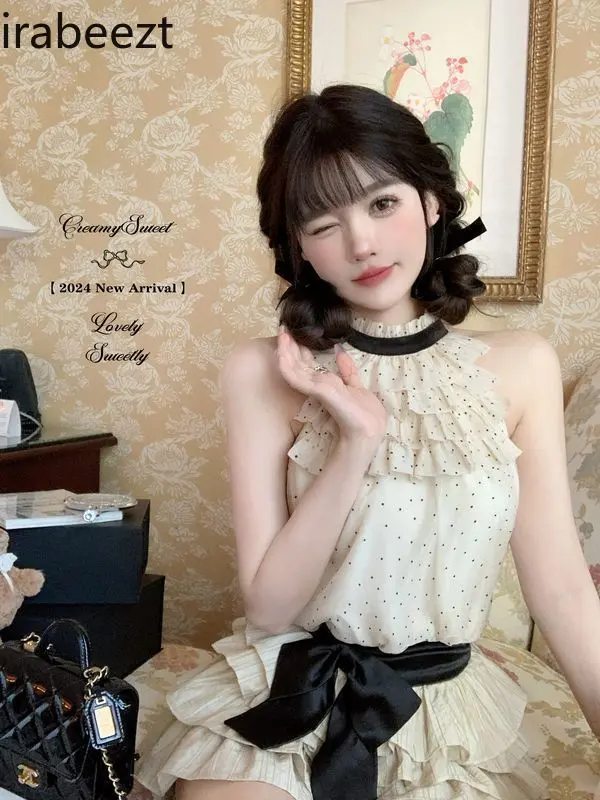 Sweet Polka Dot Chiffon Sleeveless Top and Women's Bow Cake Shaped Skirt Set Summer Casual Suits for Women with Skirt