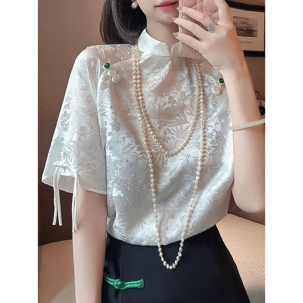 Summer Short Sleeve Blouse Women's Fashion Split Side Breathable Floral Embroidery Shirt Comfortable Slim Loose Fit Casual Top
