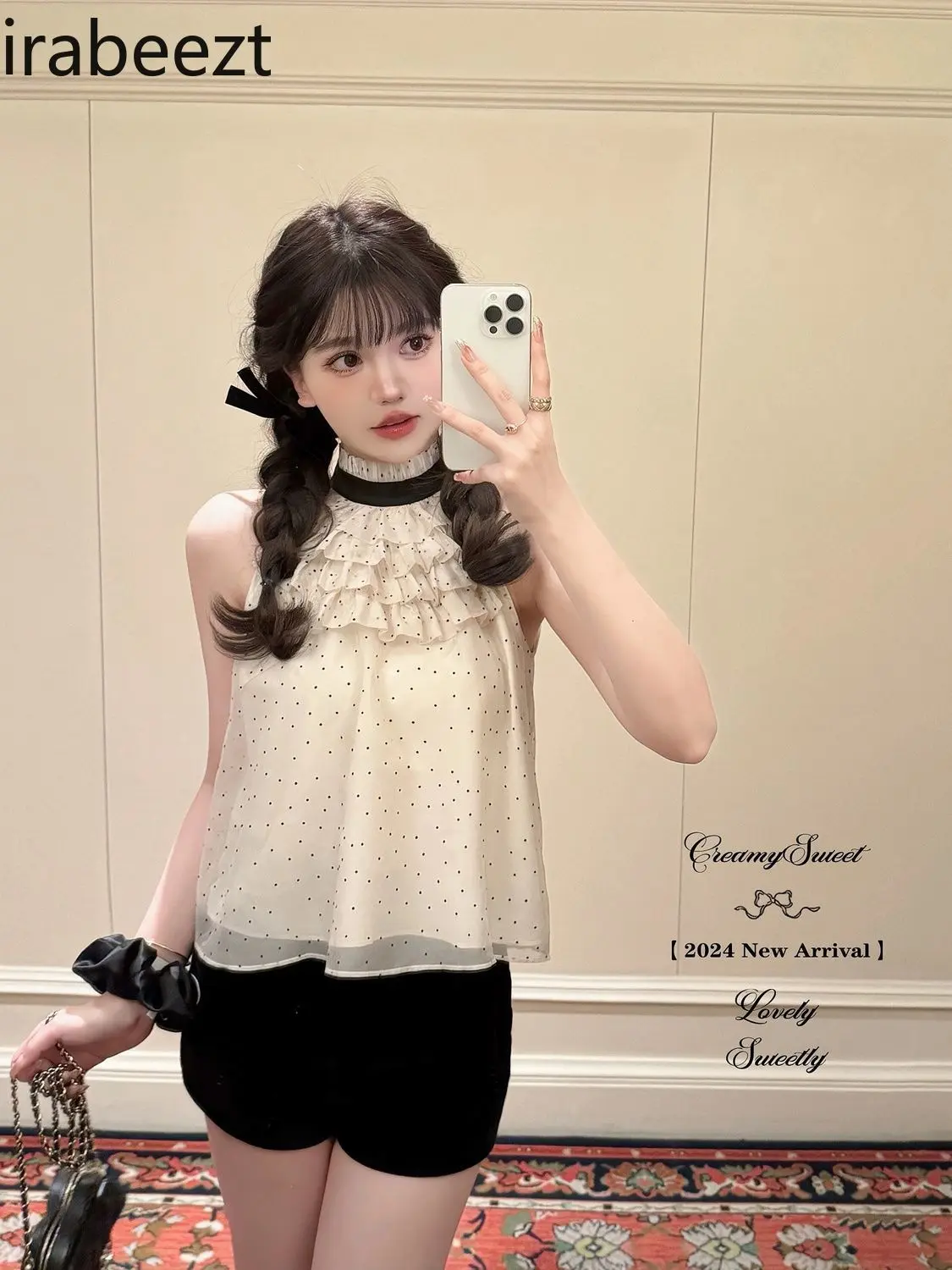 Sweet Polka Dot Chiffon Sleeveless Top and Women's Bow Cake Shaped Skirt Set Summer Casual Suits for Women with Skirt