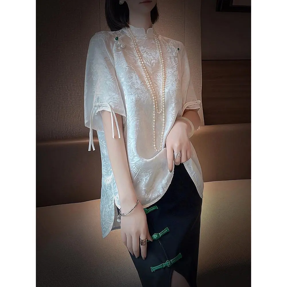 Summer Short Sleeve Blouse Women's Fashion Split Side Breathable Floral Embroidery Shirt Comfortable Slim Loose Fit Casual Top