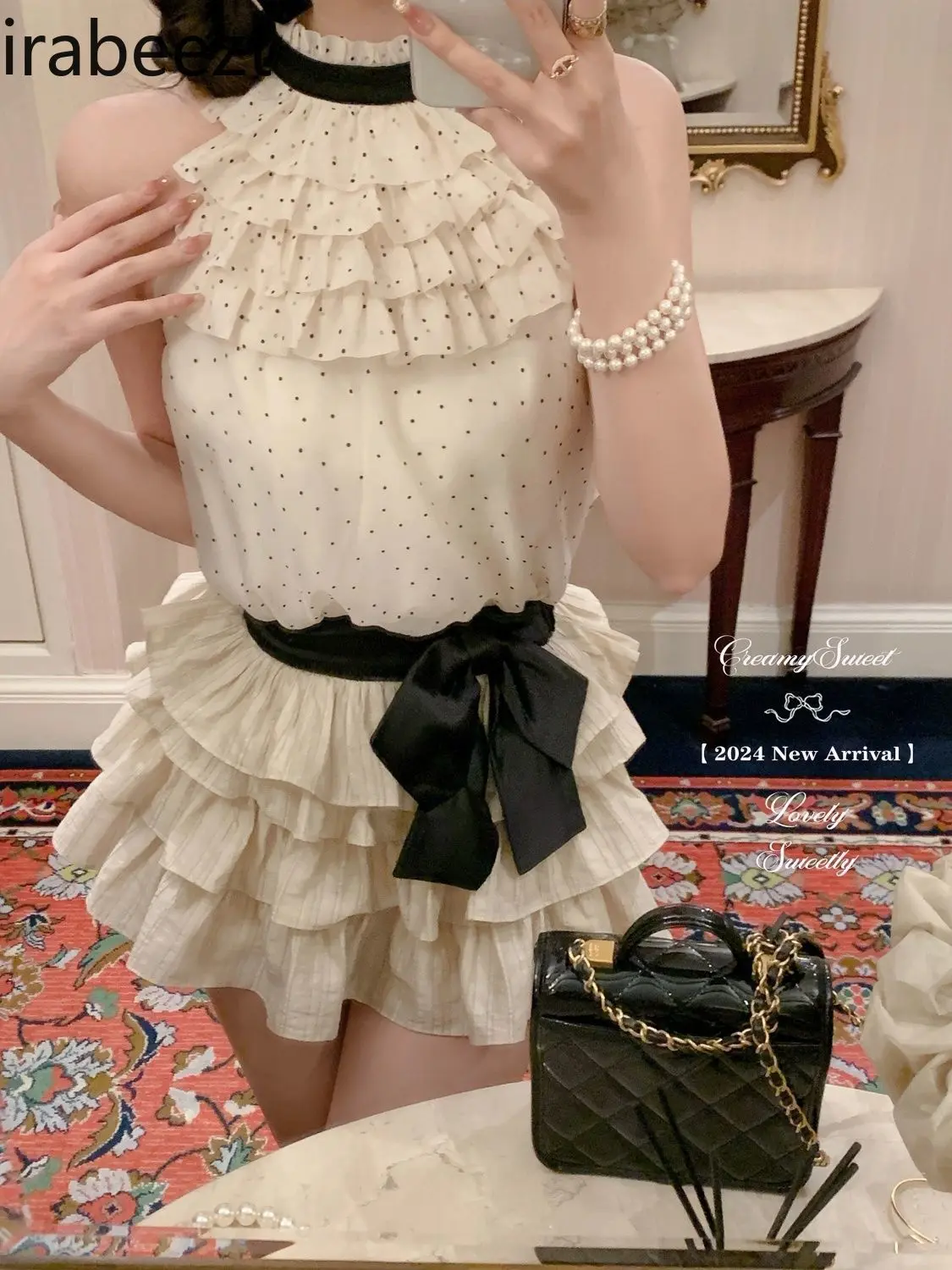 Sweet Polka Dot Chiffon Sleeveless Top and Women's Bow Cake Shaped Skirt Set Summer Casual Suits for Women with Skirt