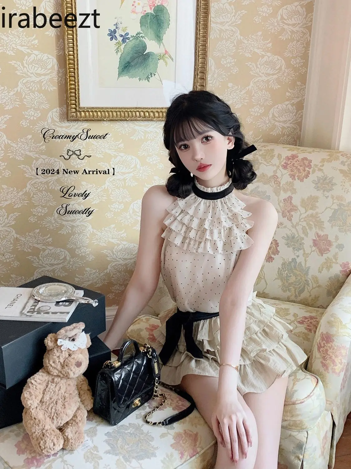 Sweet Polka Dot Chiffon Sleeveless Top and Women's Bow Cake Shaped Skirt Set Summer Casual Suits for Women with Skirt