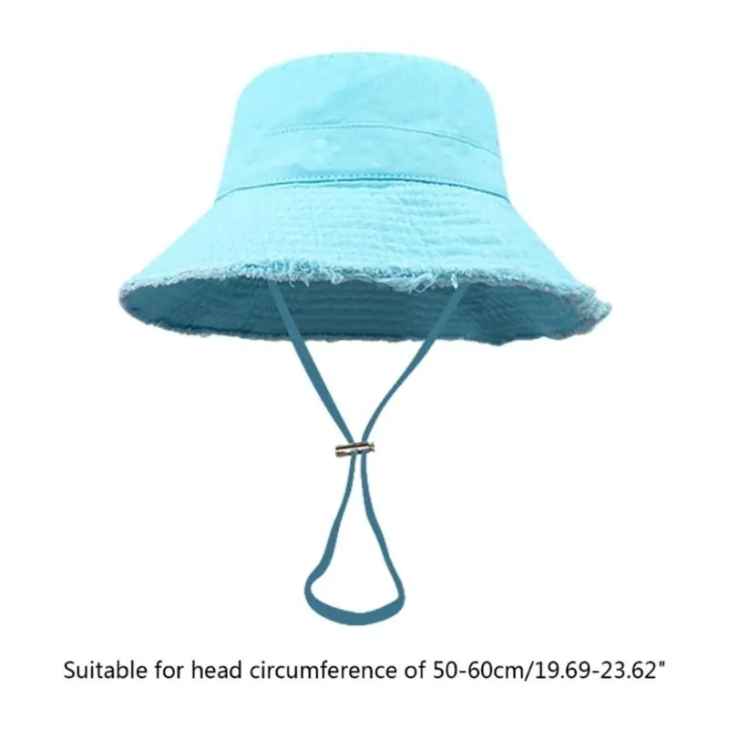 652F Frayed Design Fisherman Hat with Adjust Chin Rope Anti-Uv Bucket Hat for Adult Teenagers Wide Brim Bucket Hat