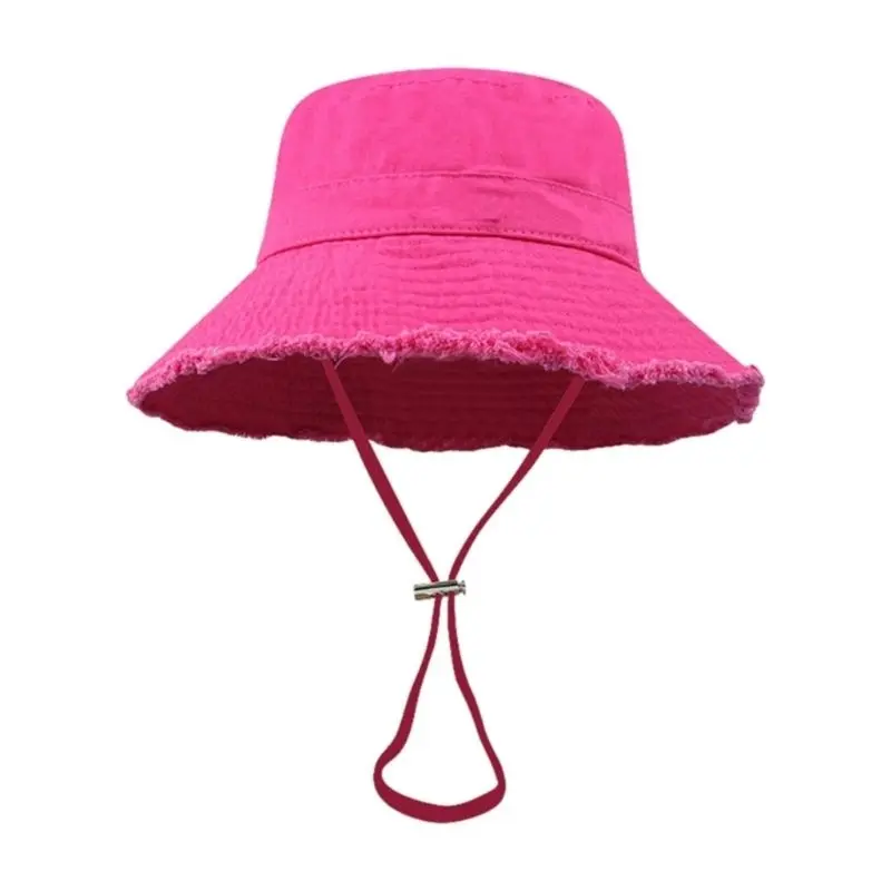 652F Frayed Design Fisherman Hat with Adjust Chin Rope Anti-Uv Bucket Hat for Adult Teenagers Wide Brim Bucket Hat
