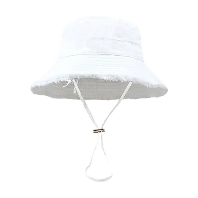 652F Frayed Design Fisherman Hat with Adjust Chin Rope Anti-Uv Bucket Hat for Adult Teenagers Wide Brim Bucket Hat