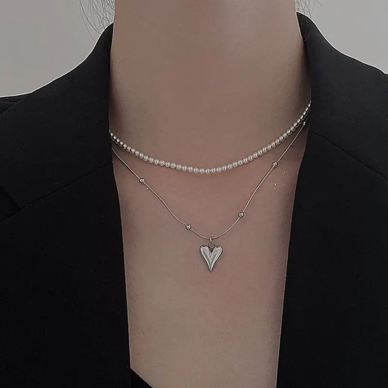 652F Simple Pearl Heart Pendant Necklace Elegant Collar Choker Necklaces Double Layer Clavicle Chain Fashion Jewelry for Lady