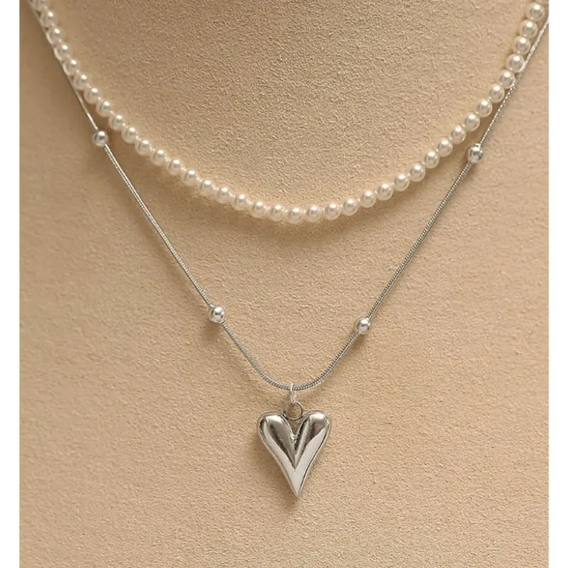 652F Simple Pearl Heart Pendant Necklace Elegant Collar Choker Necklaces Double Layer Clavicle Chain Fashion Jewelry for Lady