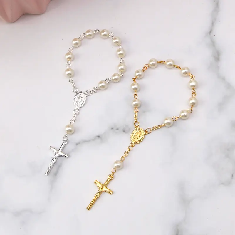 Catholic for Cross Finger Chain Mini Rosary Finger Baptism Rosaries Faux Pearls Bracelet for Baptism  Christening