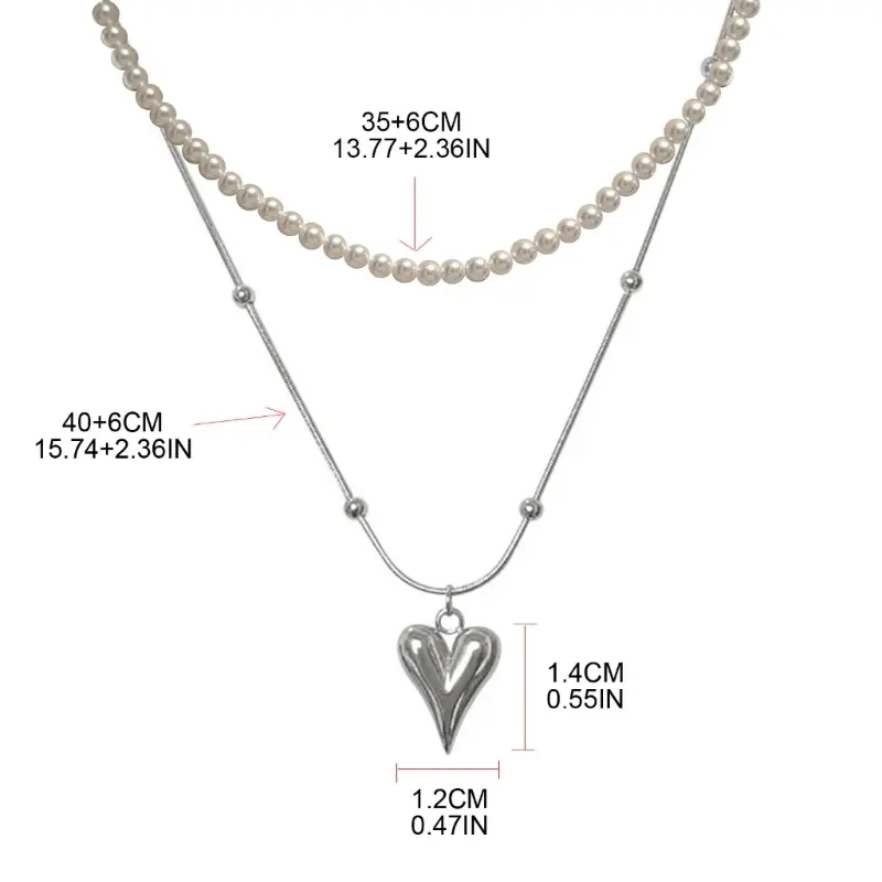 652F Simple Pearl Heart Pendant Necklace Elegant Collar Choker Necklaces Double Layer Clavicle Chain Fashion Jewelry for Lady
