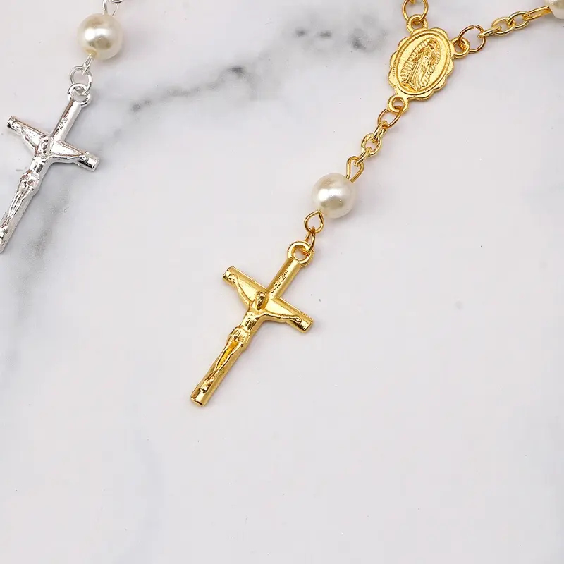 Catholic for Cross Finger Chain Mini Rosary Finger Baptism Rosaries Faux Pearls Bracelet for Baptism  Christening
