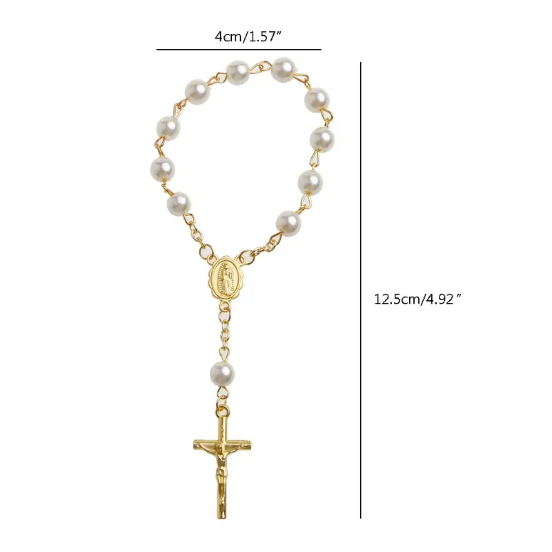 Catholic for Cross Finger Chain Mini Rosary Finger Baptism Rosaries Faux Pearls Bracelet for Baptism  Christening
