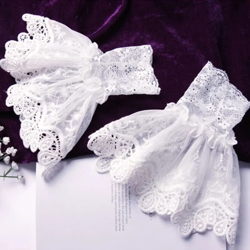 652F Female Sweater Fake Sleeves Hollow Out Crochet Floral Lace Horn Cuffs Embroidery Flounces Ruffles Elastic Wrist Warmers