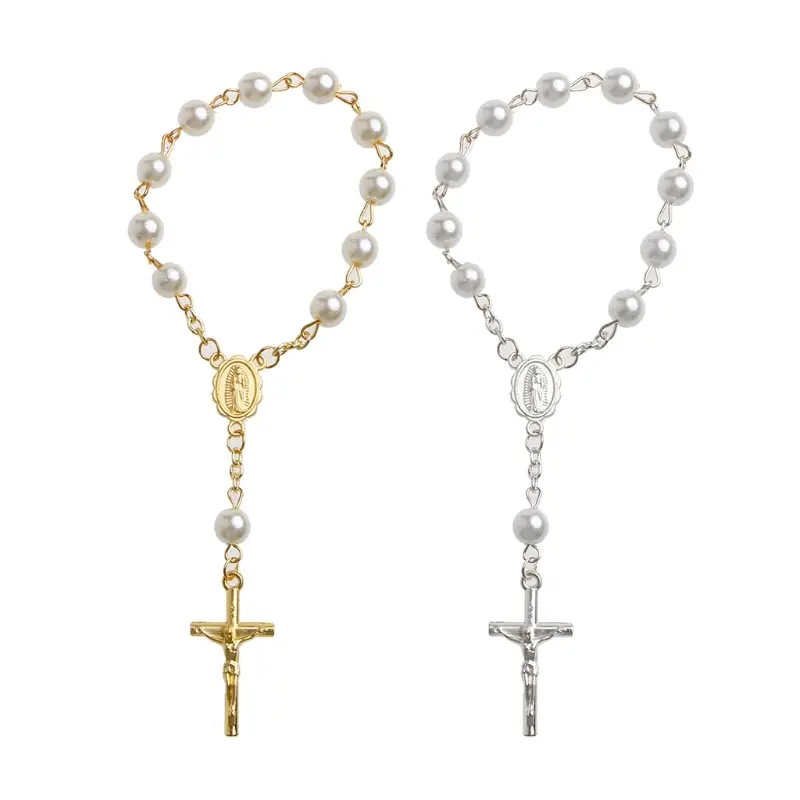 Catholic for Cross Finger Chain Mini Rosary Finger Baptism Rosaries Faux Pearls Bracelet for Baptism  Christening