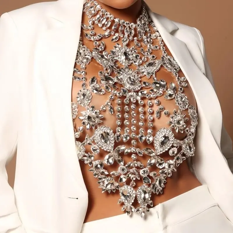 652F Unique Crossover Collar Necklace Luxurious Body Chain Rhinestones Jewelry Idol Costume Modern Layered for Idol Dancer