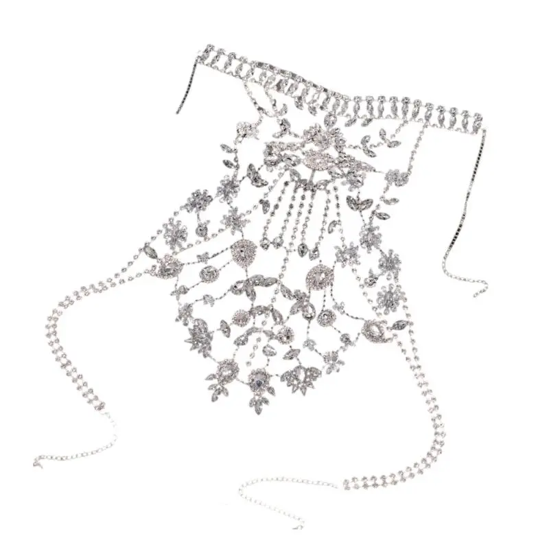652F Unique Crossover Collar Necklace Luxurious Body Chain Rhinestones Jewelry Idol Costume Modern Layered for Idol Dancer