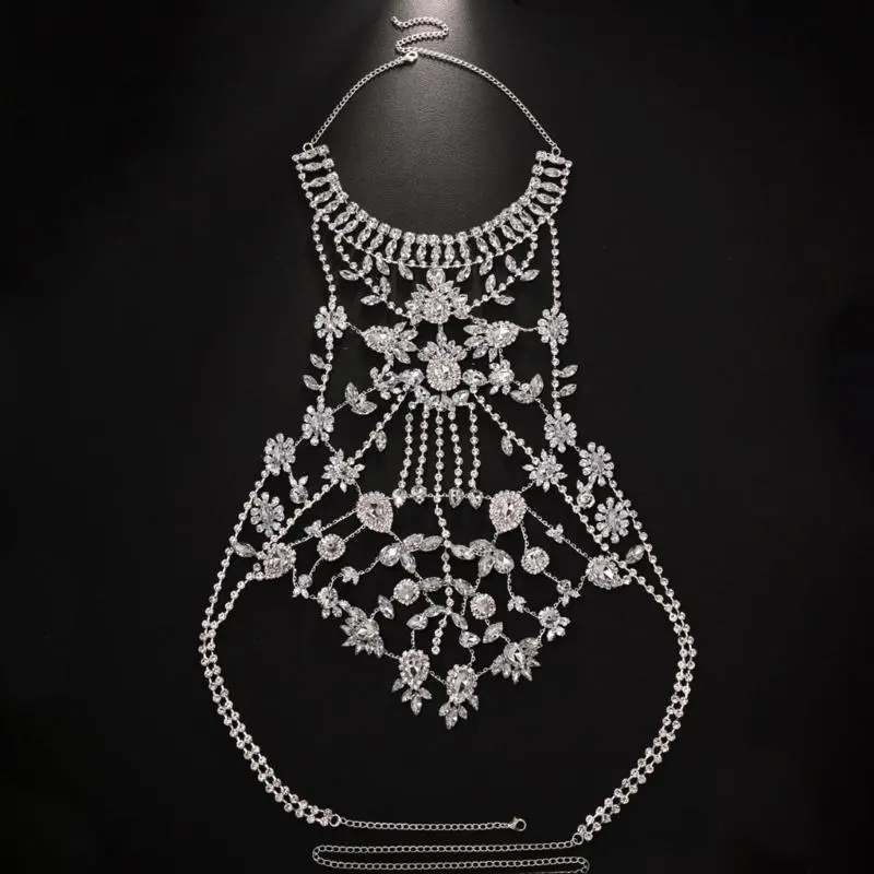 652F Unique Crossover Collar Necklace Luxurious Body Chain Rhinestones Jewelry Idol Costume Modern Layered for Idol Dancer
