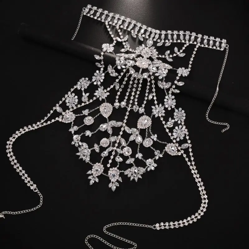 652F Unique Crossover Collar Necklace Luxurious Body Chain Rhinestones Jewelry Idol Costume Modern Layered for Idol Dancer