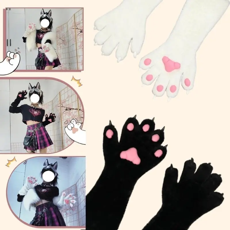 652F Fursuit Animal Claw Gloves for Girl Cosplay Furry Plush Paws Gloves Adult Halloween Party Dress Up Gloves Accessories