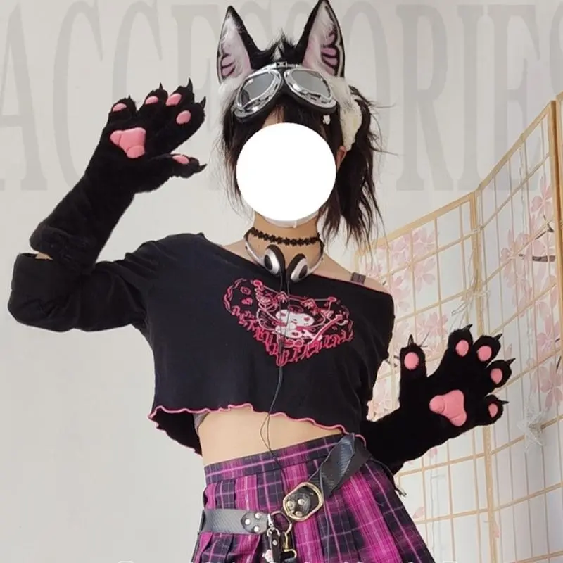 652F Fursuit Animal Claw Gloves for Girl Cosplay Furry Plush Paws Gloves Adult Halloween Party Dress Up Gloves Accessories