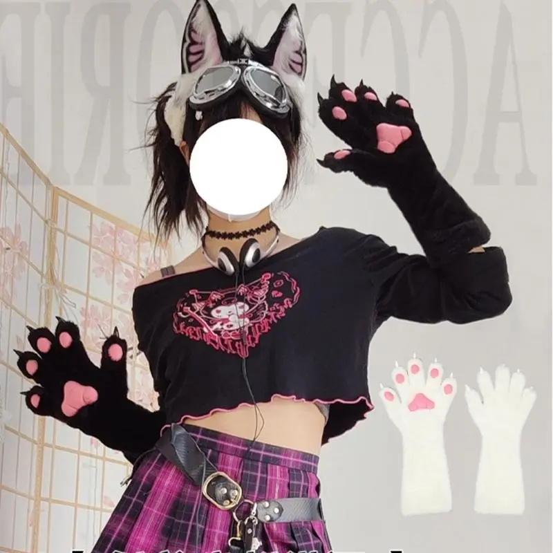 652F Fursuit Animal Claw Gloves for Girl Cosplay Furry Plush Paws Gloves Adult Halloween Party Dress Up Gloves Accessories