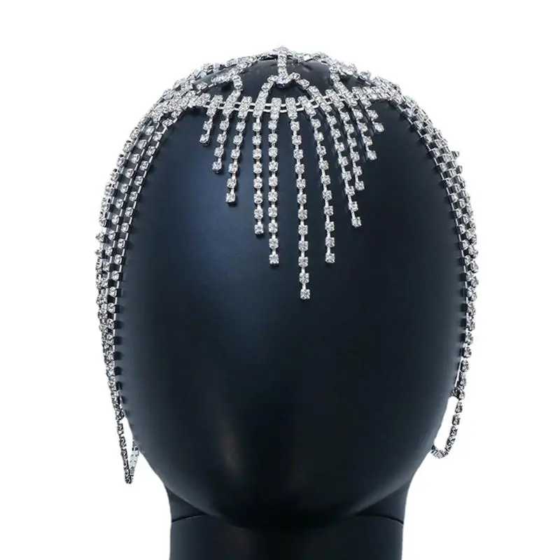652F Women  Tassels Chain Headpiece Silver/ Golden Bridal Hair Accessory for Evening Dress Party Prom