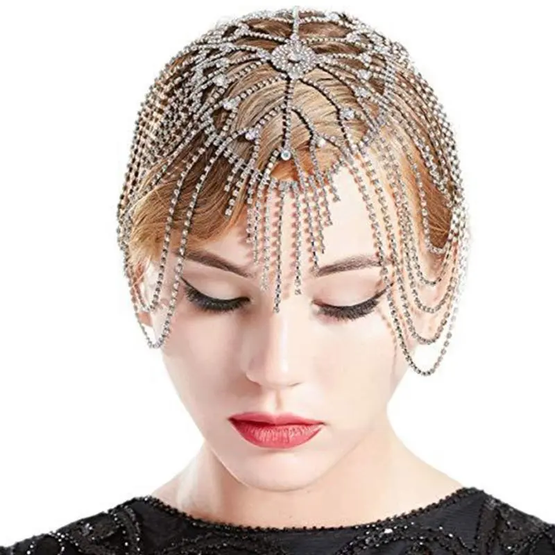 652F Women  Tassels Chain Headpiece Silver/ Golden Bridal Hair Accessory for Evening Dress Party Prom