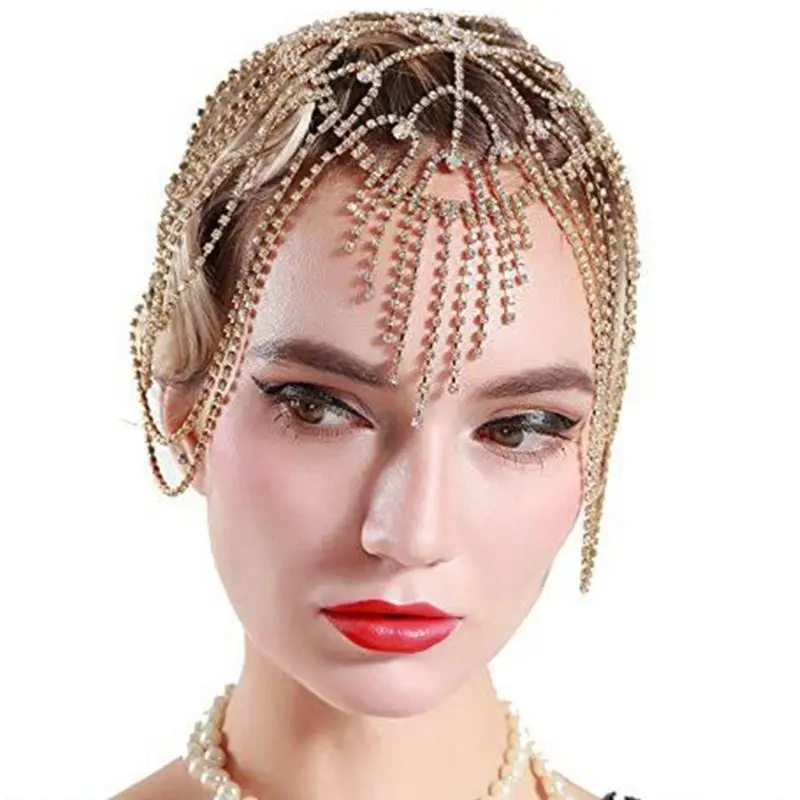 652F Women  Tassels Chain Headpiece Silver/ Golden Bridal Hair Accessory for Evening Dress Party Prom