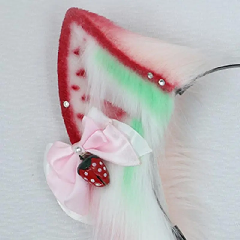 652F All-match Simulation Animal Strawberry for  Ears Plush Headdress Cosplay Props Headband with Bowknot for Themed Party
