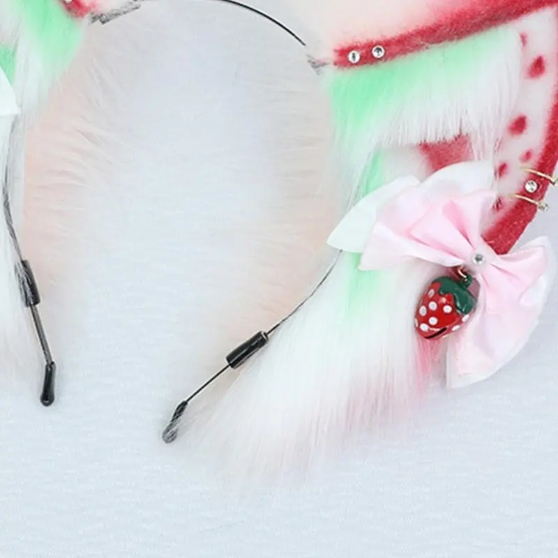 652F All-match Simulation Animal Strawberry for  Ears Plush Headdress Cosplay Props Headband with Bowknot for Themed Party