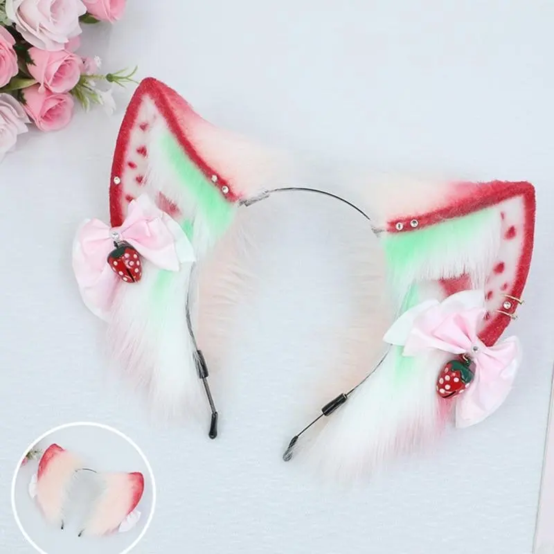 652F All-match Simulation Animal Strawberry for  Ears Plush Headdress Cosplay Props Headband with Bowknot for Themed Party