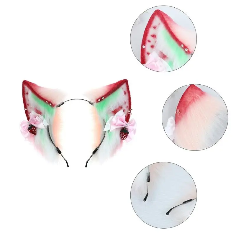 652F All-match Simulation Animal Strawberry for  Ears Plush Headdress Cosplay Props Headband with Bowknot for Themed Party