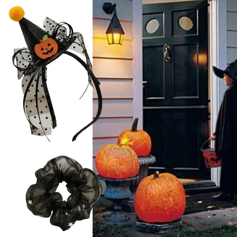 652F Halloween Headdress Hair Tie Headband Pumpkin Glitter Ribbon Hairband Hair Hoop Strong Hold Hairpin for Girls