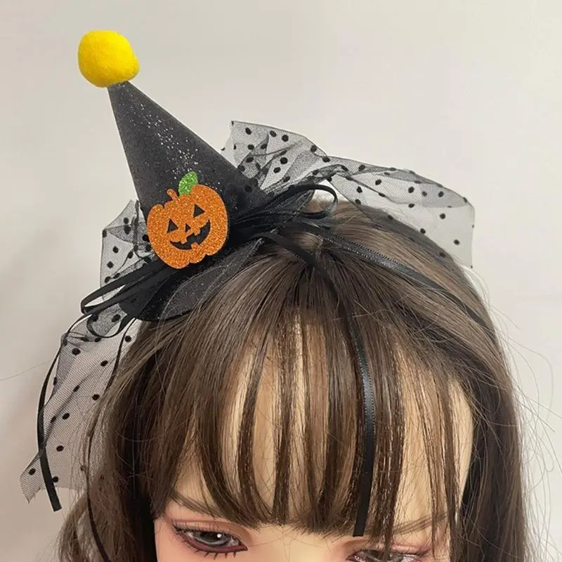 652F Halloween Headdress Hair Tie Headband Pumpkin Glitter Ribbon Hairband Hair Hoop Strong Hold Hairpin for Girls