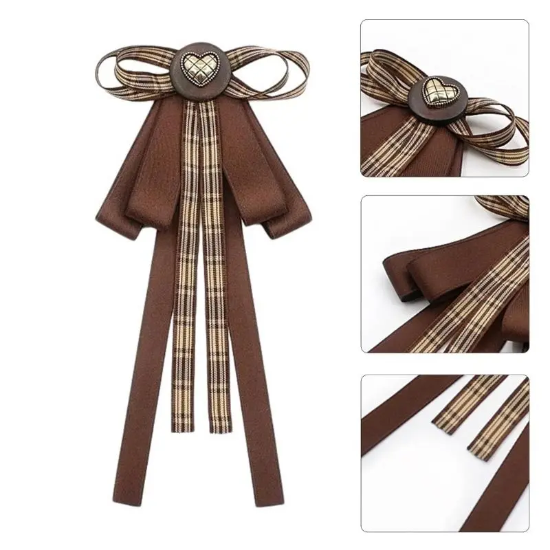 652F French Retro Ribbon Bows Tie Brooch Pin for Women Girls Brown Plaids Uniform Pre Tied Bowknot Corsage Party Accessories
