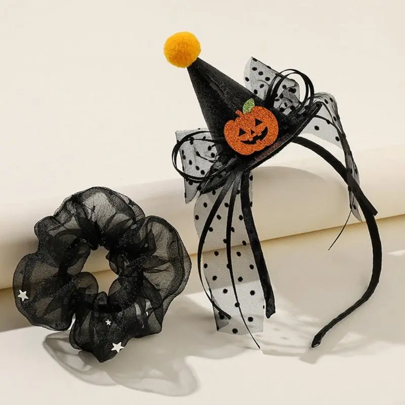 652F Halloween Headdress Hair Tie Headband Pumpkin Glitter Ribbon Hairband Hair Hoop Strong Hold Hairpin for Girls