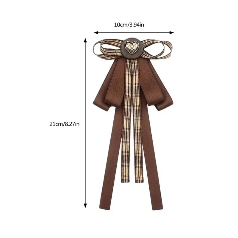 652F French Retro Ribbon Bows Tie Brooch Pin for Women Girls Brown Plaids Uniform Pre Tied Bowknot Corsage Party Accessories