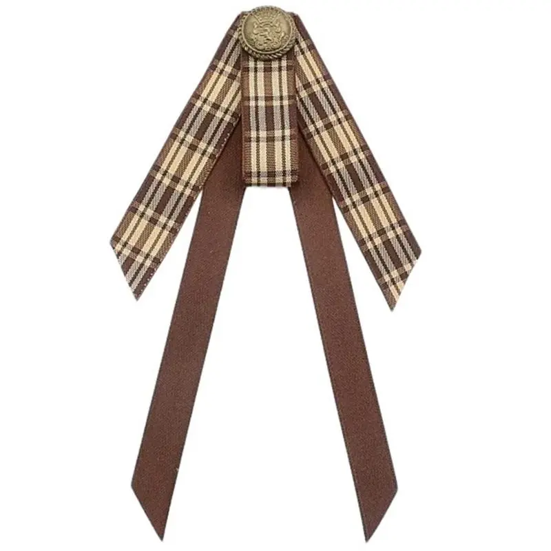 652F French Retro Ribbon Bows Tie Brooch Pin for Women Girls Brown Plaids Uniform Pre Tied Bowknot Corsage Party Accessories