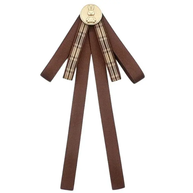 652F French Retro Ribbon Bows Tie Brooch Pin for Women Girls Brown Plaids Uniform Pre Tied Bowknot Corsage Party Accessories