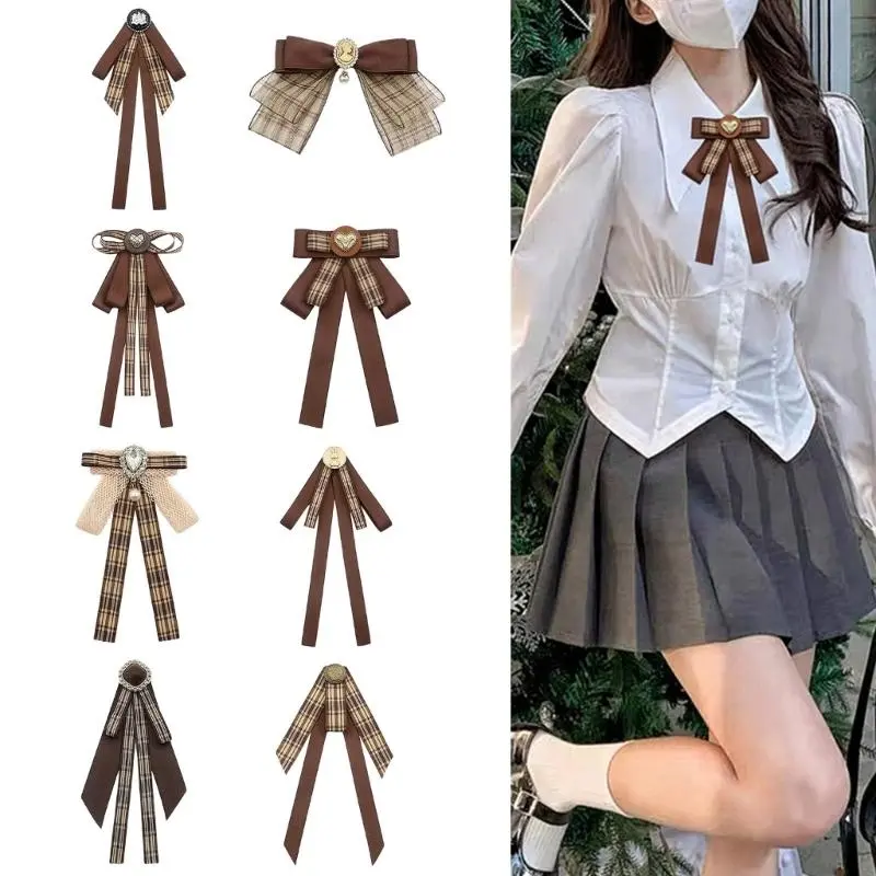 652F French Retro Ribbon Bows Tie Brooch Pin for Women Girls Brown Plaids Uniform Pre Tied Bowknot Corsage Party Accessories