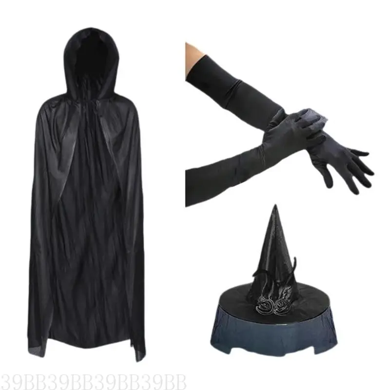39BB Women Witch Hooded Cape Cloak Costume Witch Hat Long Gloves Adult Halloween Witch Costume Accessory for Women Cosplay