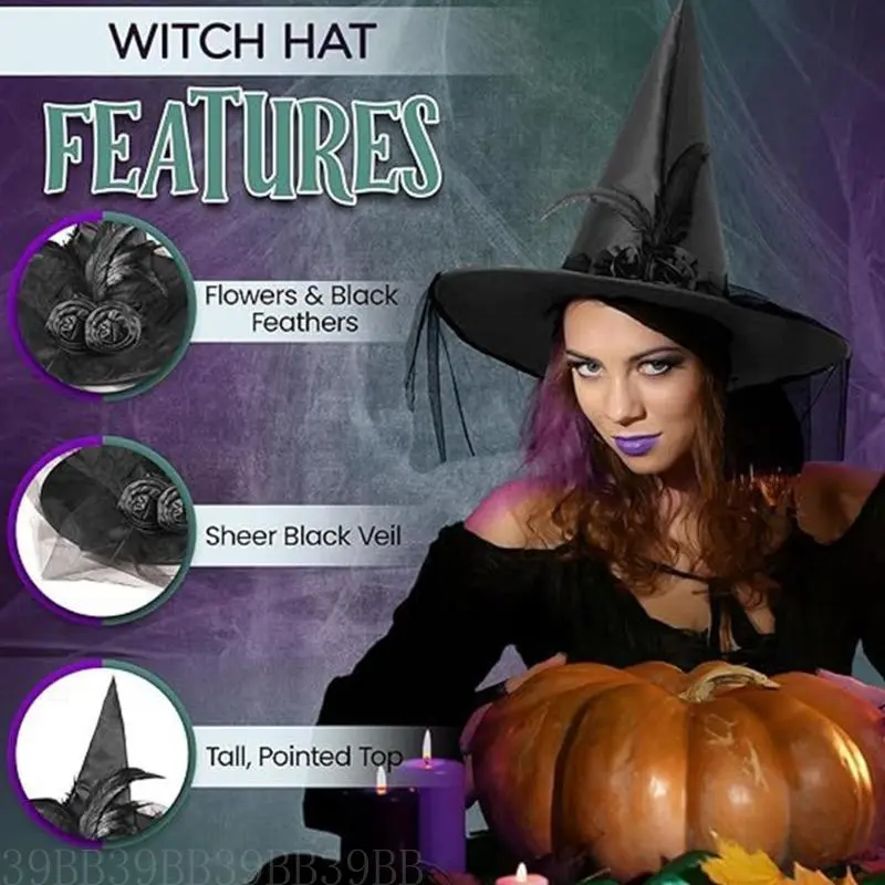 39BB Women Witch Hooded Cape Cloak Costume Witch Hat Long Gloves Adult Halloween Witch Costume Accessory for Women Cosplay