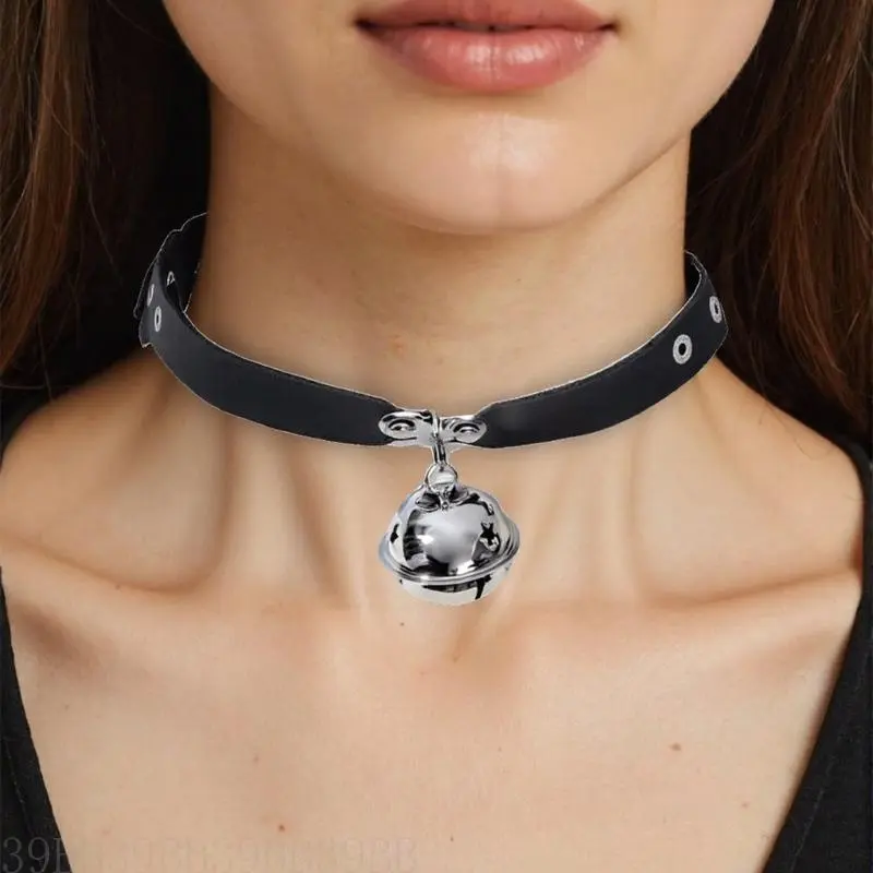 39BB Punk Leather Choker Catgirl Eye Mask Rivets Choker for Women Masquerade Cosplay