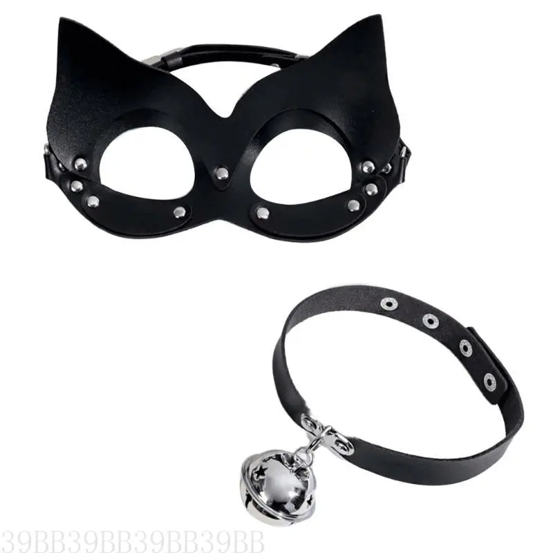 39BB Punk Leather Choker Catgirl Eye Mask Rivets Choker for Women Masquerade Cosplay
